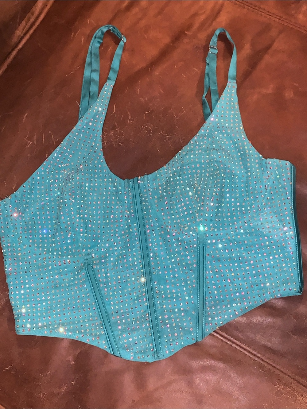 Oh Polly Teal Crystal Embellished Corset Top